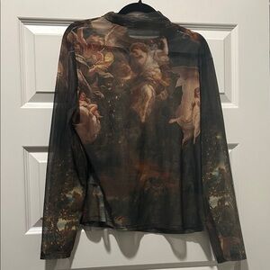 Sheer Renaissance Print Long Sleeve Top - Angelic Scene